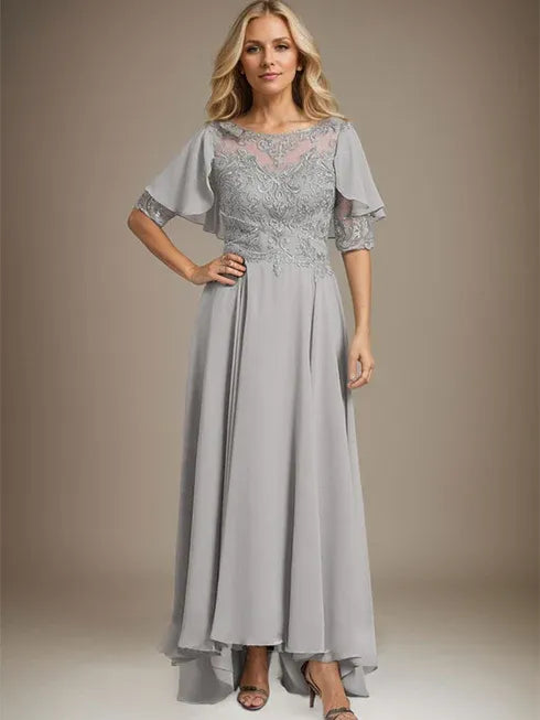 A-Line Scoop Neck Illusion Asymmetrical Chiffon and Lace Mother of the Bride Dress with Beading