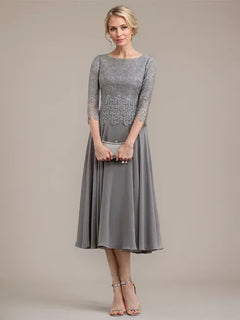 A-Line Scoop Neck Tea-Length Lace Chiffon Mother of the Bride Dress