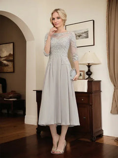A-Line Scoop Neck Illusion Tea-Length Chiffon and Lace Mother of the Bride Dress with Beading and Sequins