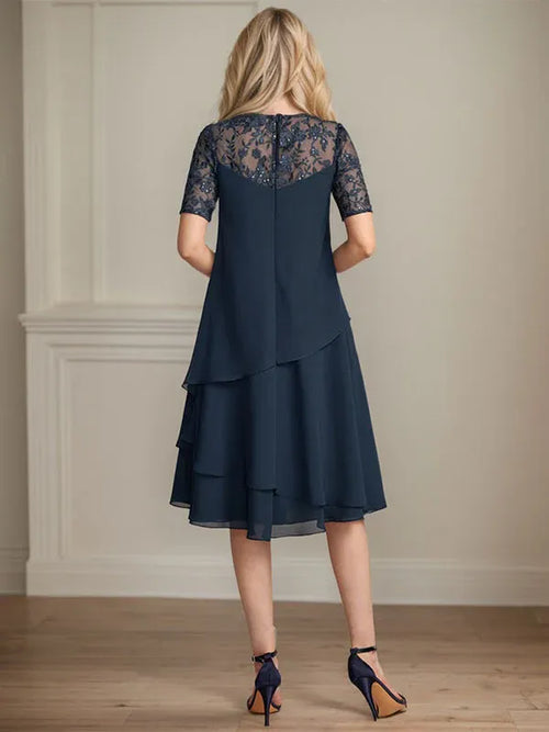 A-Line Scoop Neck Illusion Knee-Length Lace Chiffon Mother of the Bride Dress with Sequins