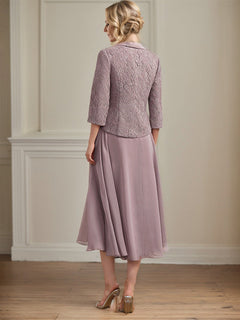 A-Line Scoop Neck Tea-Length Lace Chiffon Mother of the Bride Dress
