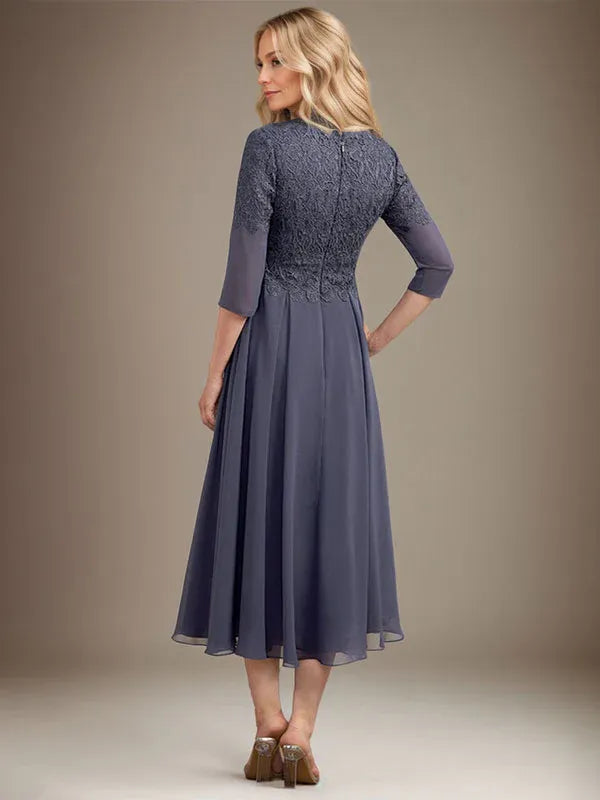 A-Line V-Neck Tea-Length Chiffon Lace Mother of the Bride Dress with Beading