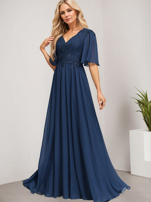 A-Line V-Neck Floor-Length Lace Chiffon Mother of the Bride Dress with Sequins
