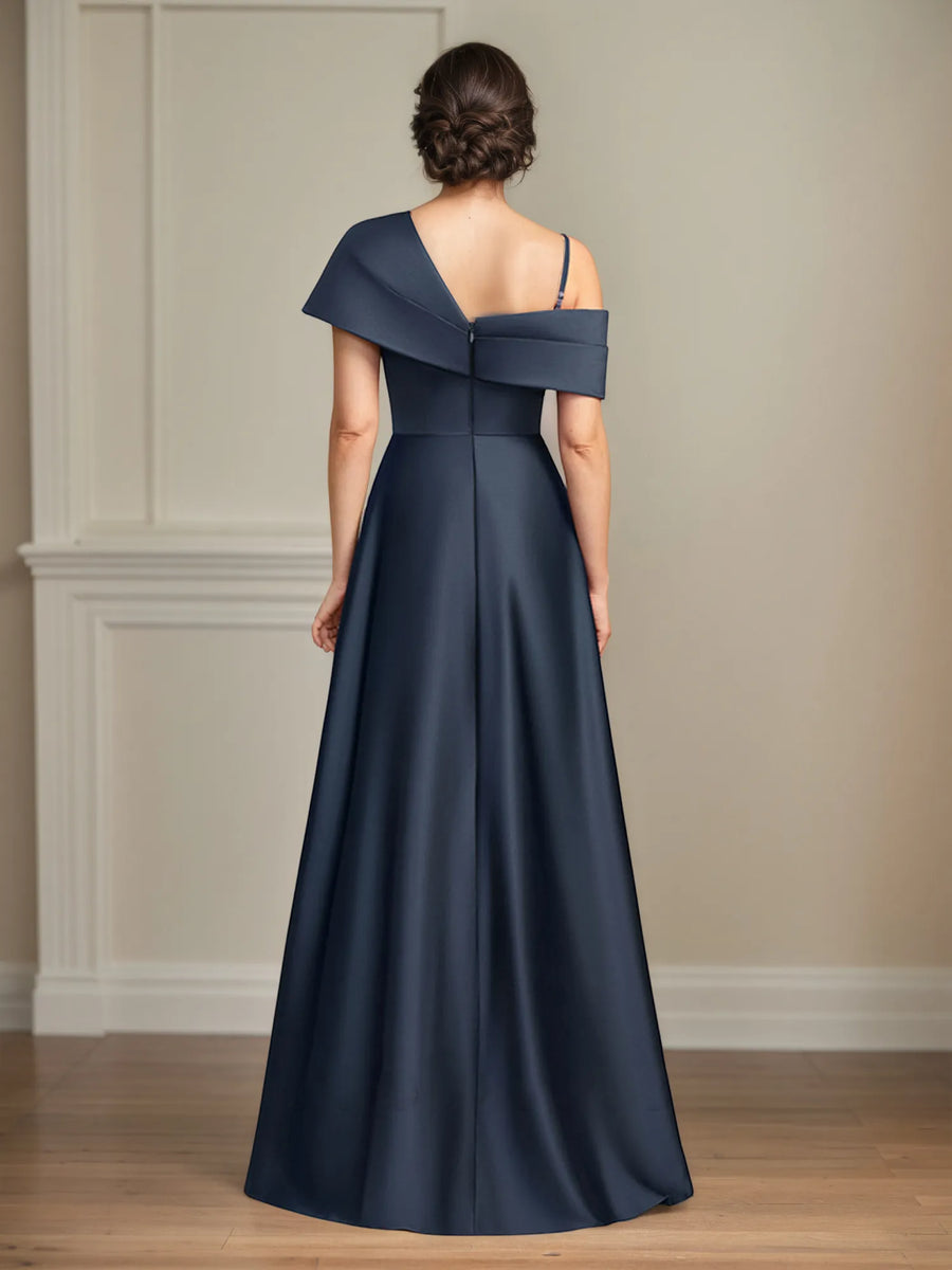 Asymmetrical A-Line Floor-Length Satin Mother of the Bride Dress with Pleats
