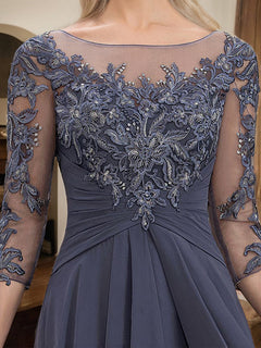 A-Line Scoop Neck Illusion Floor-Length Lace Chiffon Mother of the Bride Dress with Cascading Ruffles