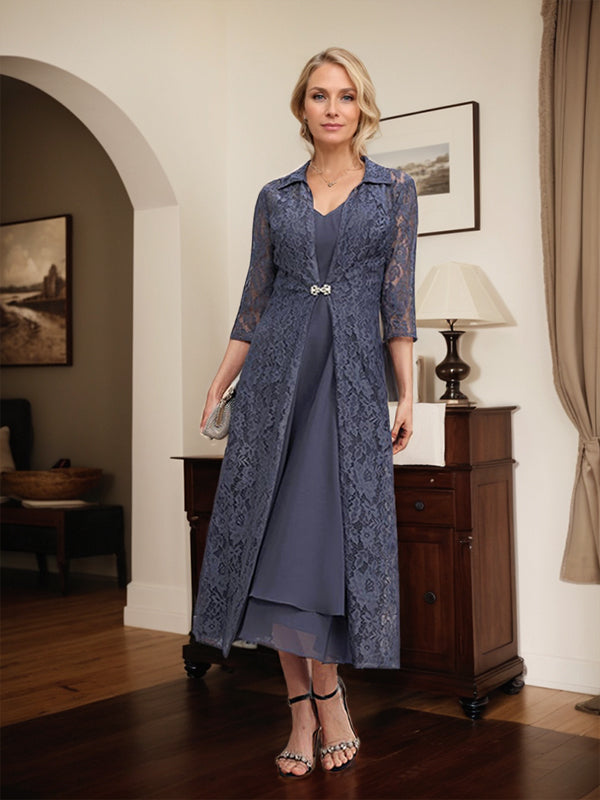 A-Line V-Neck Tea-Length Chiffon Mother of the Bride Dress