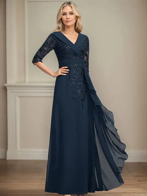 A-Line Collared V-Neck Floor-Length Lace Chiffon Mother of the Bride Dress with Sequins and Cascading Ruffles