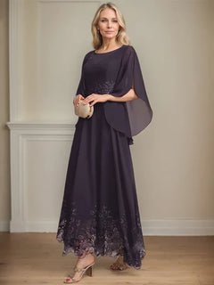A-Line Scoop Neck Illusion Lace Chiffon Mother of the Bride Dress with Sequins and Ankle-Length Hem