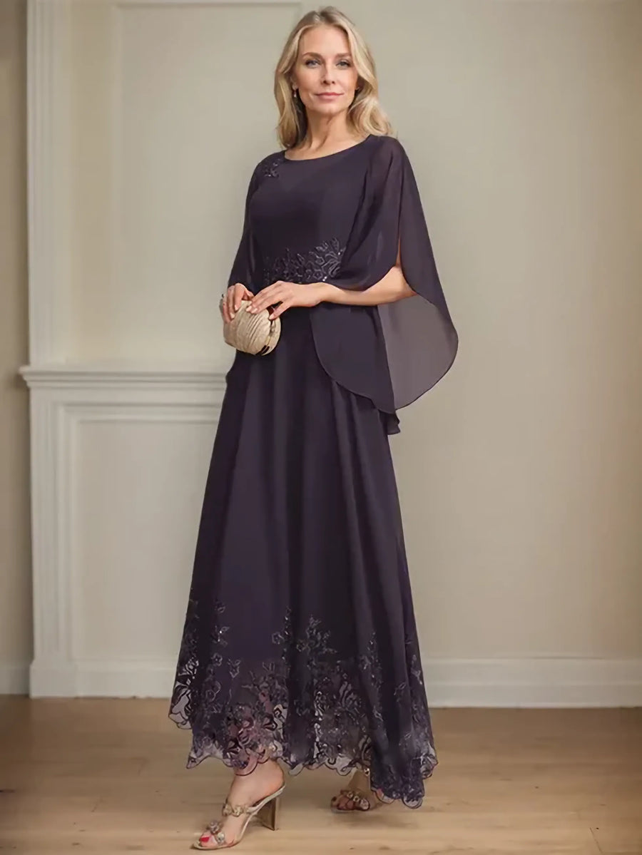 A-Line Scoop Neck Illusion Lace Chiffon Mother of the Bride Dress with Sequins and Ankle-Length Hem