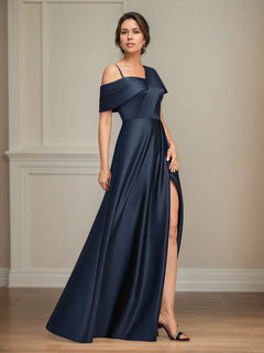 Asymmetrical A-Line Floor-Length Satin Mother of the Bride Dress with Pleats