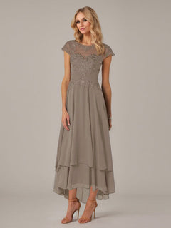 A-Line Boat Neck Illusion Asymmetrical Chiffon Lace Mother of the Bride Dress with Applique and Pleats
