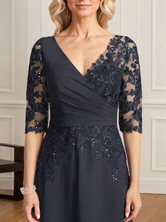 A-Line V-Neck Floor-Length Lace and Chiffon Mother of the Bride Dress with Pleated Sequins