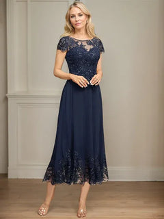 A-Line Illusion Scoop Tea-Length Lace Chiffon Mother of the Bride Dress with Sequins
