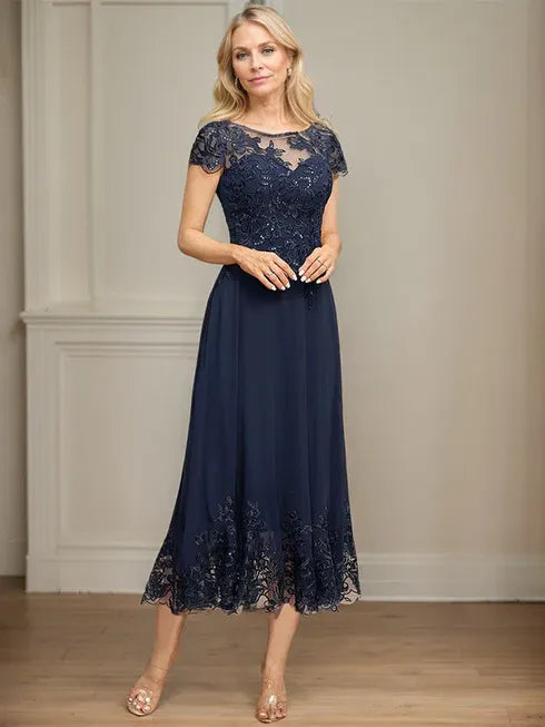 A-Line Illusion Scoop Tea-Length Lace Chiffon Mother of the Bride Dress with Sequins