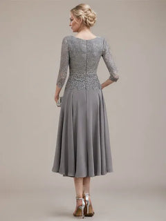A-Line Scoop Neck Tea-Length Lace Chiffon Mother of the Bride Dress