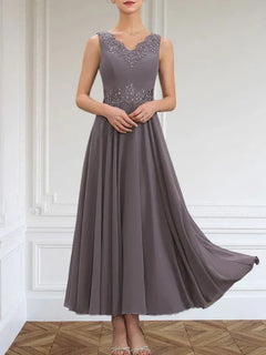 A-Line V-Neck Chiffon Mother of the Bride Dress with Sequins, Appliques, Lace, and Beading at Ankle Length