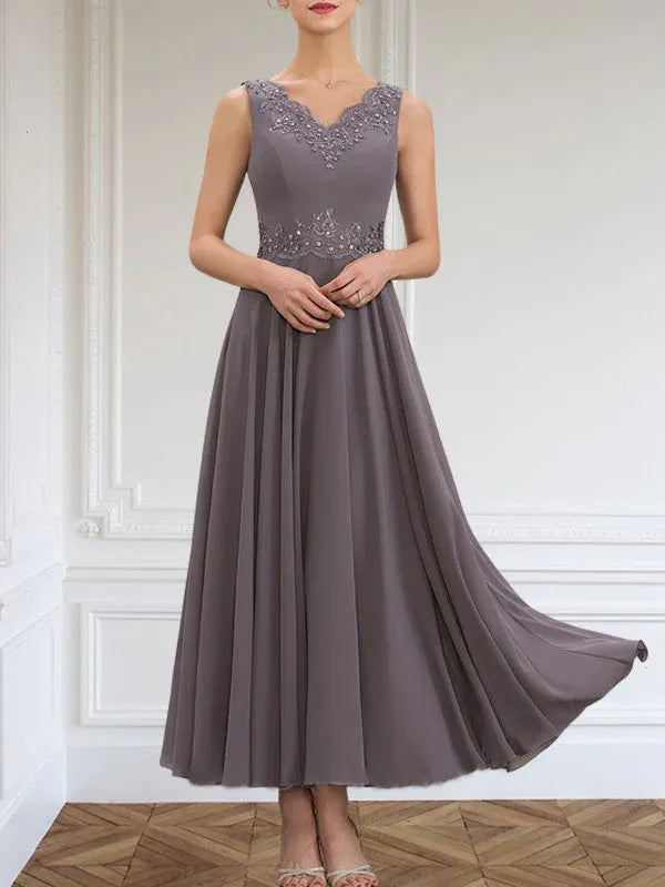 A-Line V-Neck Chiffon Mother of the Bride Dress with Sequins, Appliques, Lace, and Beading at Ankle Length