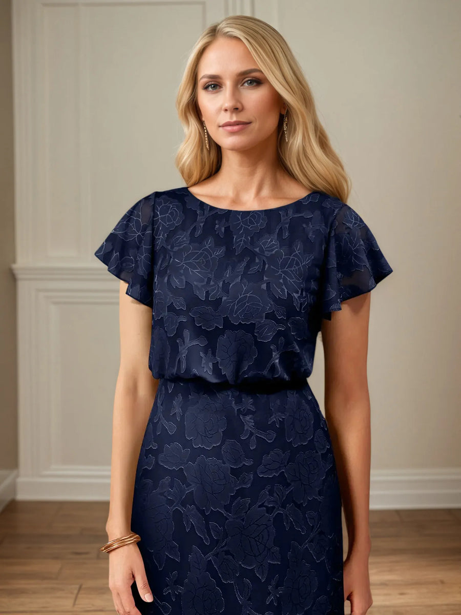 A Line Boat Neck Short Sleeve Floral Burnout Mother of the Bride Dress