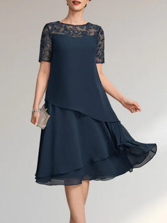A-Line Scoop Neck Illusion Knee-Length Lace Chiffon Mother of the Bride Dress with Sequins