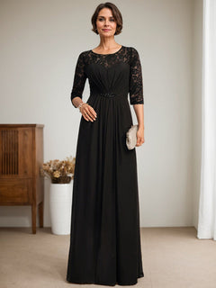 A-Line Scoop Neck Illusion Floor-Length Lace Chiffon Mother of the Bride Dress with Beaded Ruffles