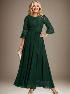 A-Line Scoop Neck Ankle-Length Lace Chiffon Mother of the Bride Dress with Bow