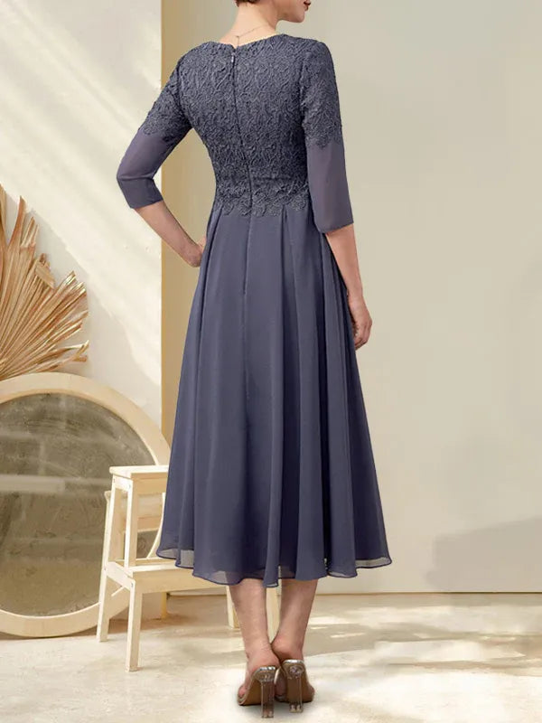 A-Line V-Neck Tea-Length Chiffon Lace Mother of the Bride Dress with Beading