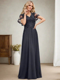 A-Line V-Neck Floor-Length Lace Chiffon Mother of the Bride Dress with Sequins
