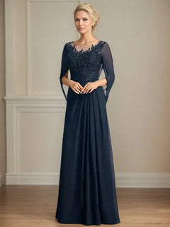 A-Line Scoop 3/4 Sleeve Chiffon Mother of the Bride Dress with Appliqués