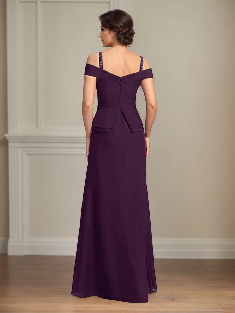 A-Line Cold Shoulder Floor-Length Chiffon Mother of the Bride Dress with Beading and Sequins
