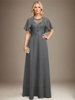 A-Line Scoop Neck Illusion Floor-Length Lace Chiffon Mother of the Bride Dress with Sequins