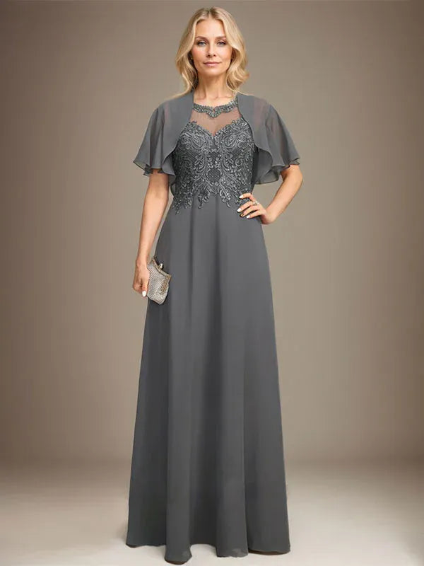 A-Line Scoop Neck Illusion Floor-Length Lace Chiffon Mother of the Bride Dress with Sequins