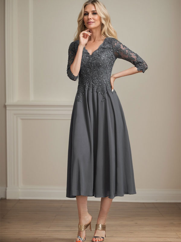 A-Line V-Neck Tea-Length Chiffon and Lace Mother of the Bride Dress with Beading and Sequins