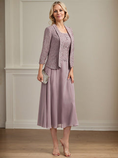A-Line Scoop Neck Tea-Length Lace Chiffon Mother of the Bride Dress