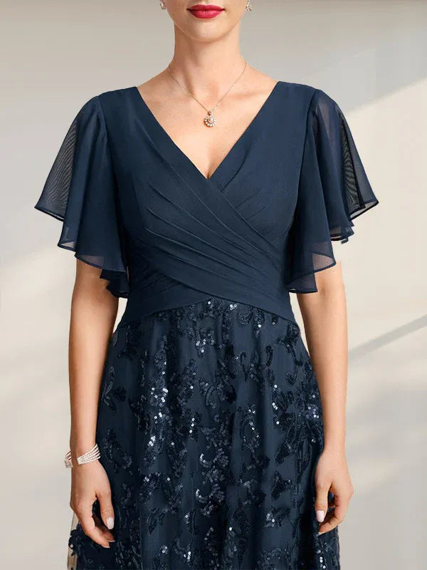 A-Line V-Neck Floor-Length Lace and Sequin Chiffon Mother of the Bride Dress with Pleats