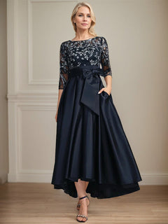 A-Line Scoop Neck Illusion Asymmetrical Satin Lace Mother of the Bride Dress with Bow