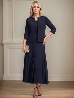 A-line Scoop Tea-Length Chiffon Mother of the Bride Dress with Sequins and Beading Separates