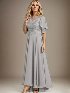 A-Line Scoop Neck Illusion Asymmetrical Chiffon and Lace Mother of the Bride Dress with Beading