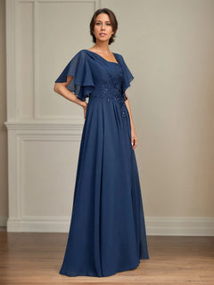 Asymmetrical A-Line Floor-Length Lace and Chiffon Mother of the Bride Dress with Pleated Sequins