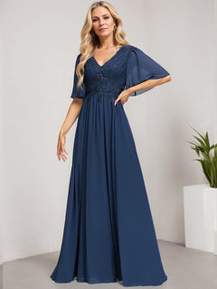 A-Line V-Neck Floor-Length Lace Chiffon Mother of the Bride Dress with Sequins
