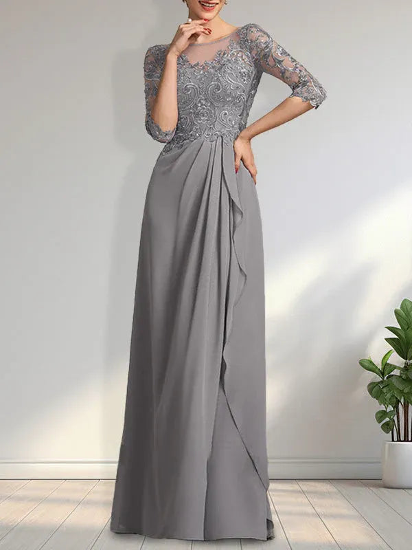 A-Line Scoop Illusion Floor-Length Chiffon and Lace Mother of the Bride Dress with Beading, Sequins, and Cascading Ruffles