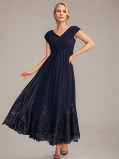 A-Line V-Neck Chiffon Mother of the Bride Dress with Appliqué and Sequins, Ankle-Length