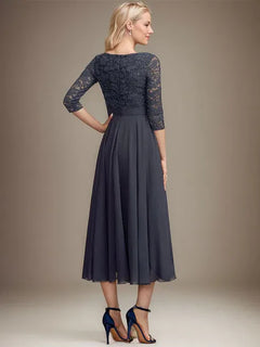 A-Line Scoop Neck Tea-Length Lace Chiffon Mother of the Bride Dress with Sequins