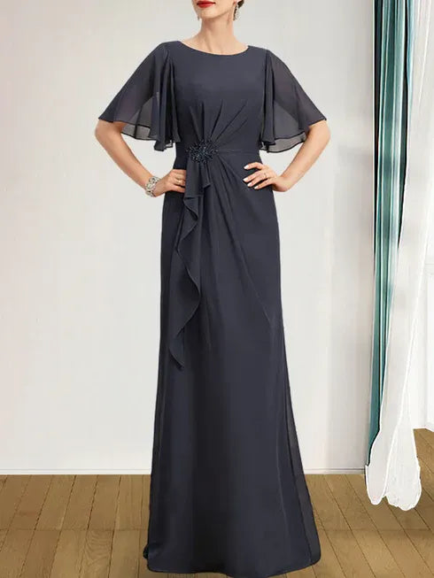 A-Line Scoop Floor-Length Chiffon Mother of the Bride Dress with Cascading Ruffles, Beading, and Sequins