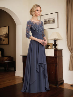 A-Line Scoop Neck Illusion Floor-Length Lace Chiffon Mother of the Bride Dress with Cascading Ruffles