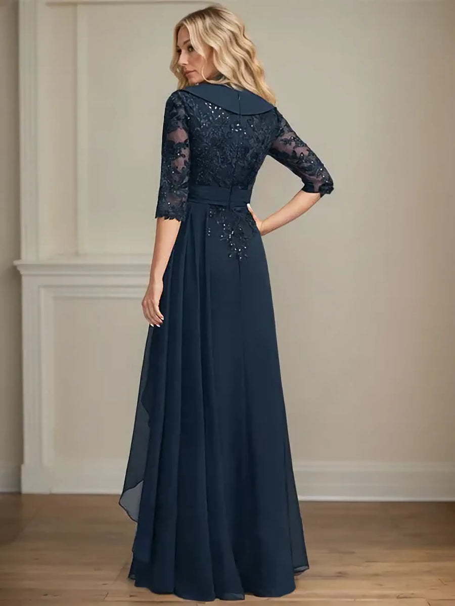 A-Line Collared V-Neck Floor-Length Lace Chiffon Mother of the Bride Dress with Sequins and Cascading Ruffles