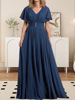 A-Line V-Neck Floor-Length Chiffon Mother of the Bride Dress with Crystal Brooch and Pleated Design
