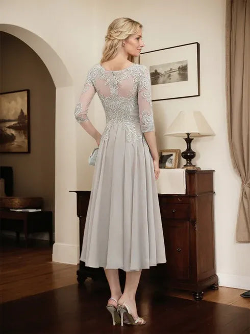A-Line Scoop Neck Illusion Tea-Length Chiffon and Lace Mother of the Bride Dress with Beading and Sequins