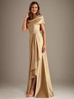 A-Line Scoop Neck Floor-Length Stretch Satin Mother of the Bride Dress with Cascading Ruffles
