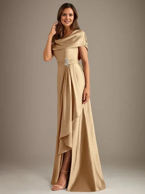 A-Line Scoop Neck Floor-Length Stretch Satin Mother of the Bride Dress with Cascading Ruffles