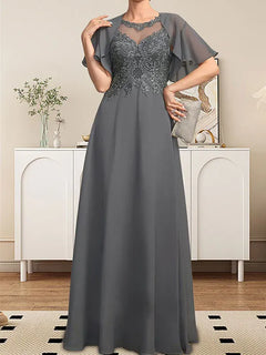 A-Line Scoop Neck Illusion Floor-Length Lace Chiffon Mother of the Bride Dress with Sequins
